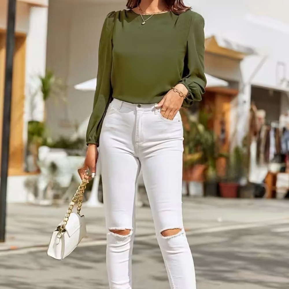 Olive Green Long Sleeve Blouse - Women's Puff Shoulder Top